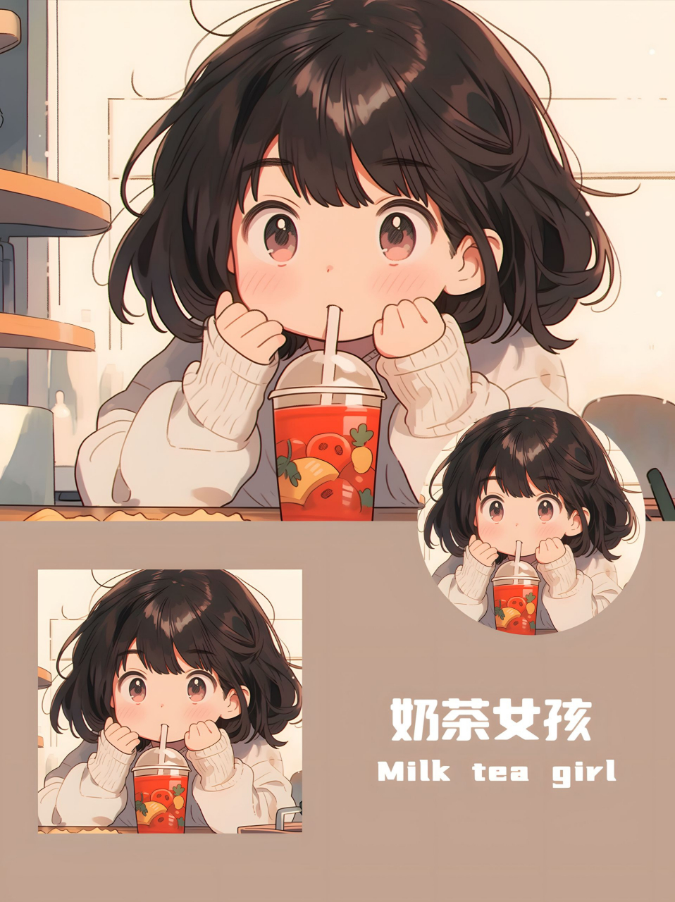 奶茶女孩丨卡通头像丨单人 一个坐在奶茶店喝着奶茶的小女孩