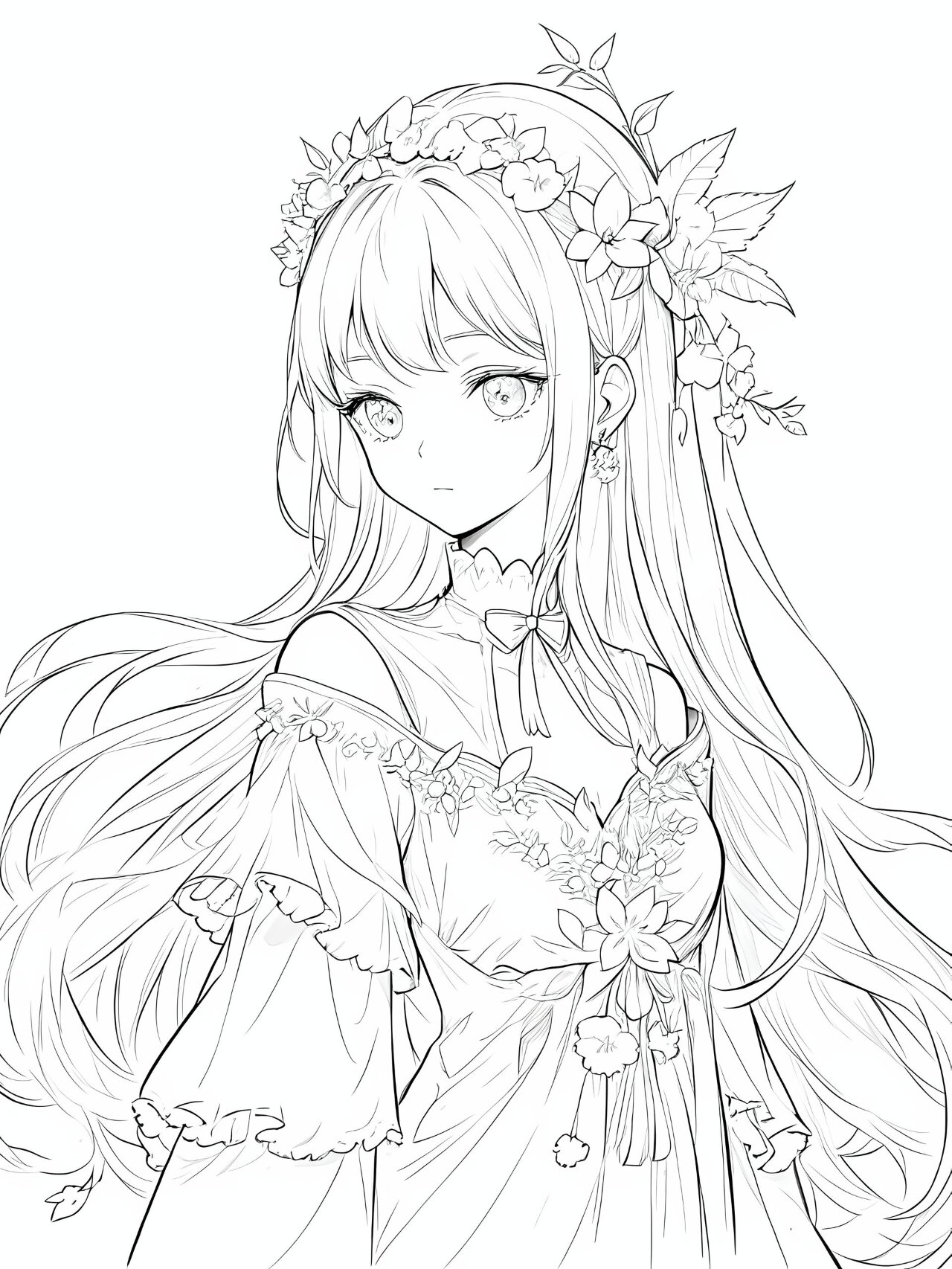 少女线稿,鲜花围绕,分享给宝宝涂色