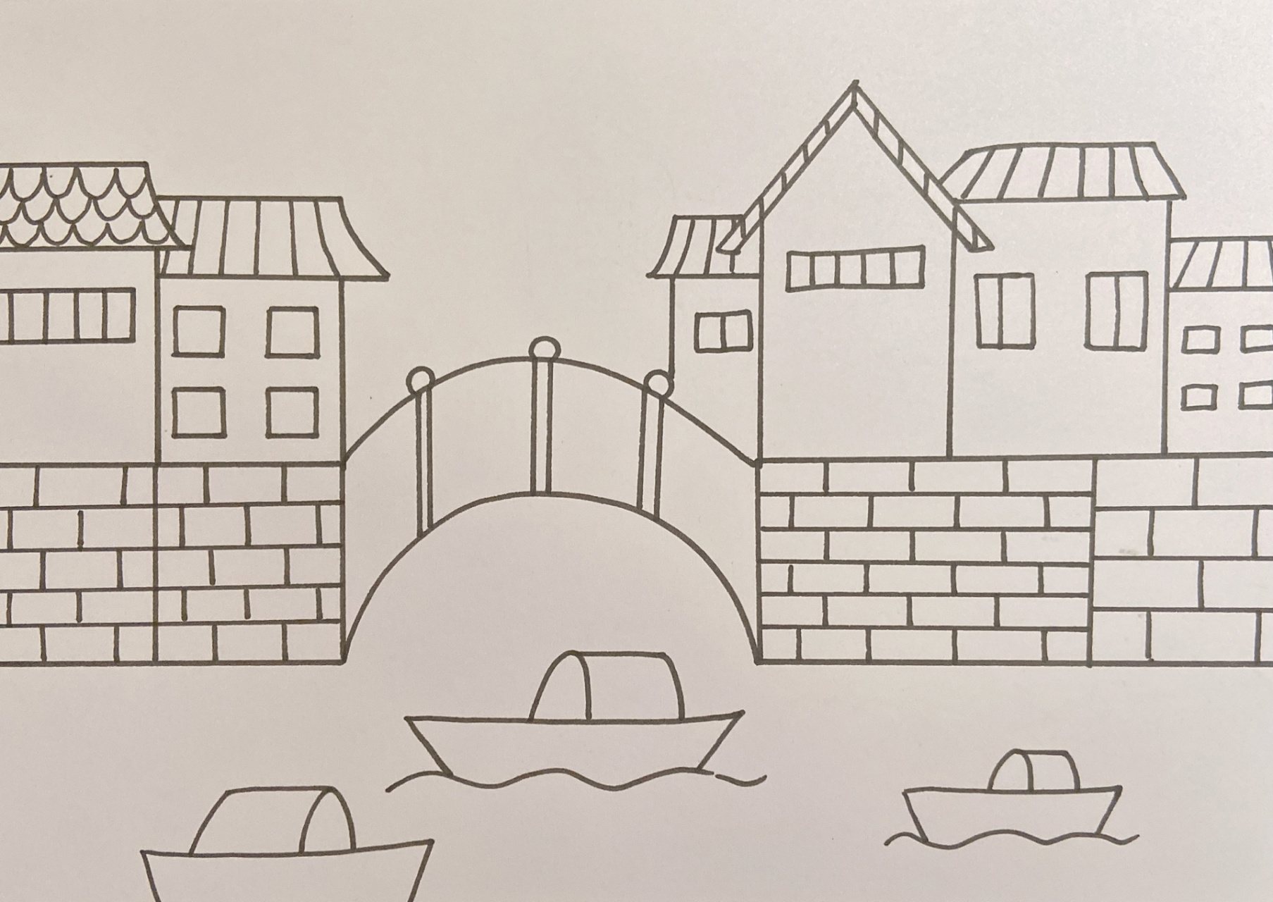 江南小镇儿童画古建筑船只水乡简笔画小房子