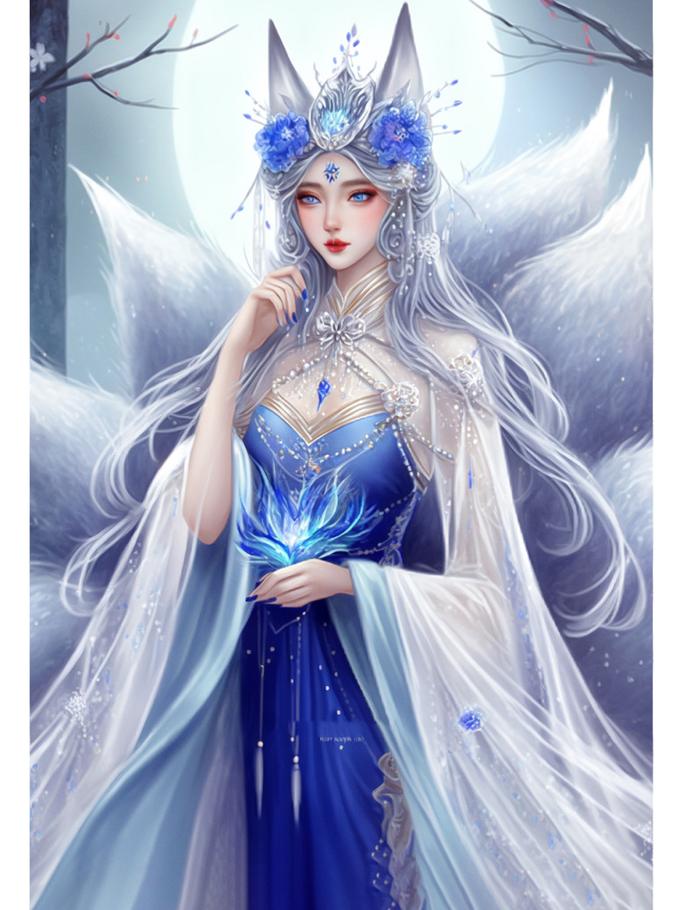 【ai绘画】78狐仙之六尾玄狐 蓝色的九尾狐,亦称六