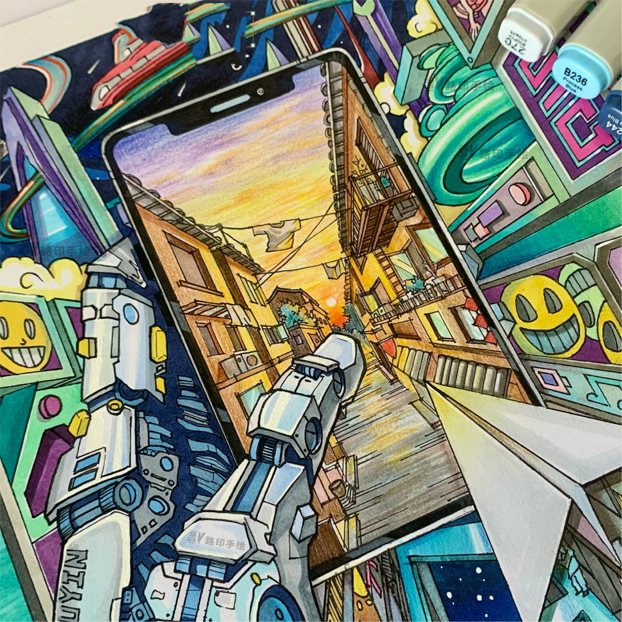 科技主题|视传马克笔手绘 未来城市 5g时代 该作品出自 创意点在于同