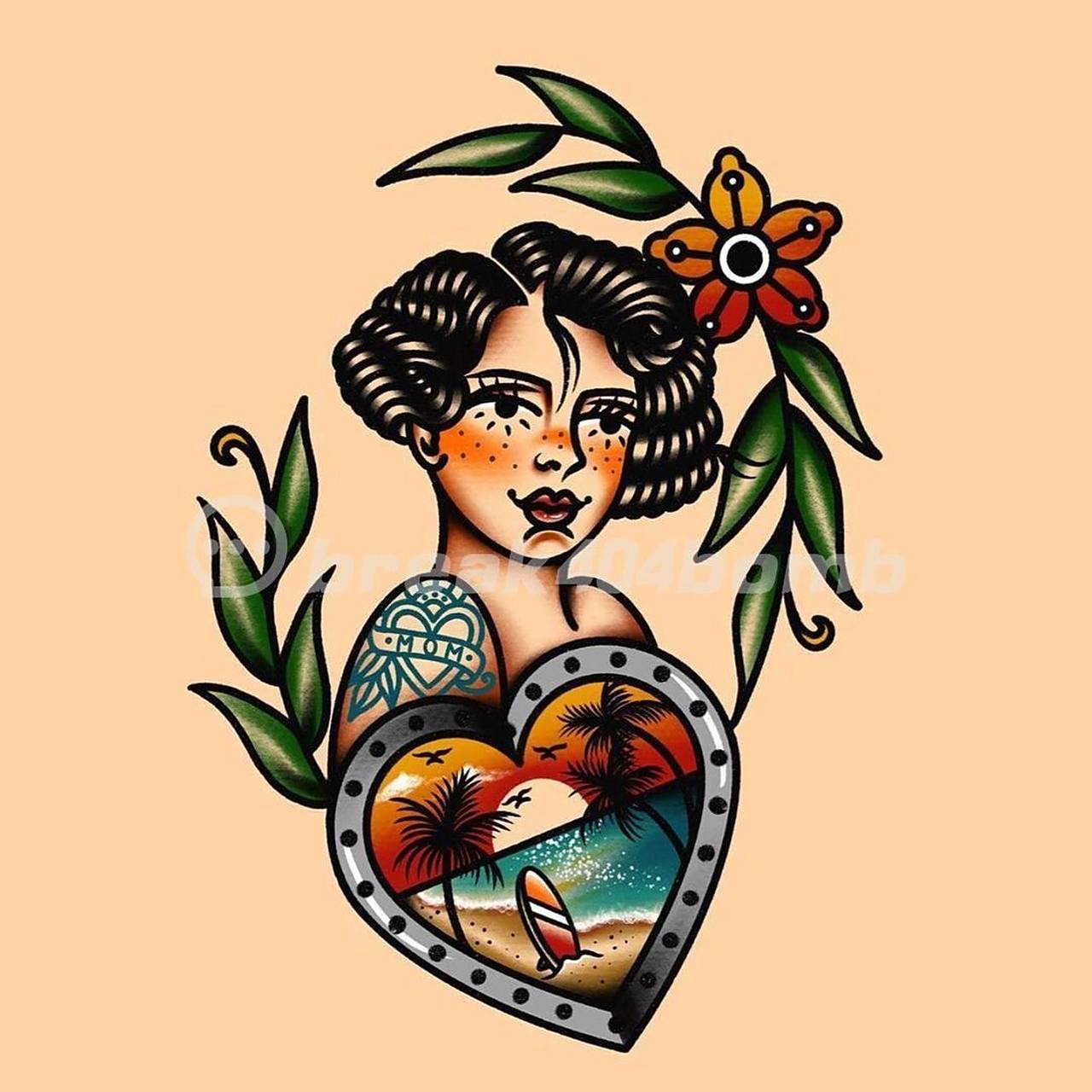 oldschool女生头像纹身|机车少女猫系 oldschool经典风格纹身 女孩