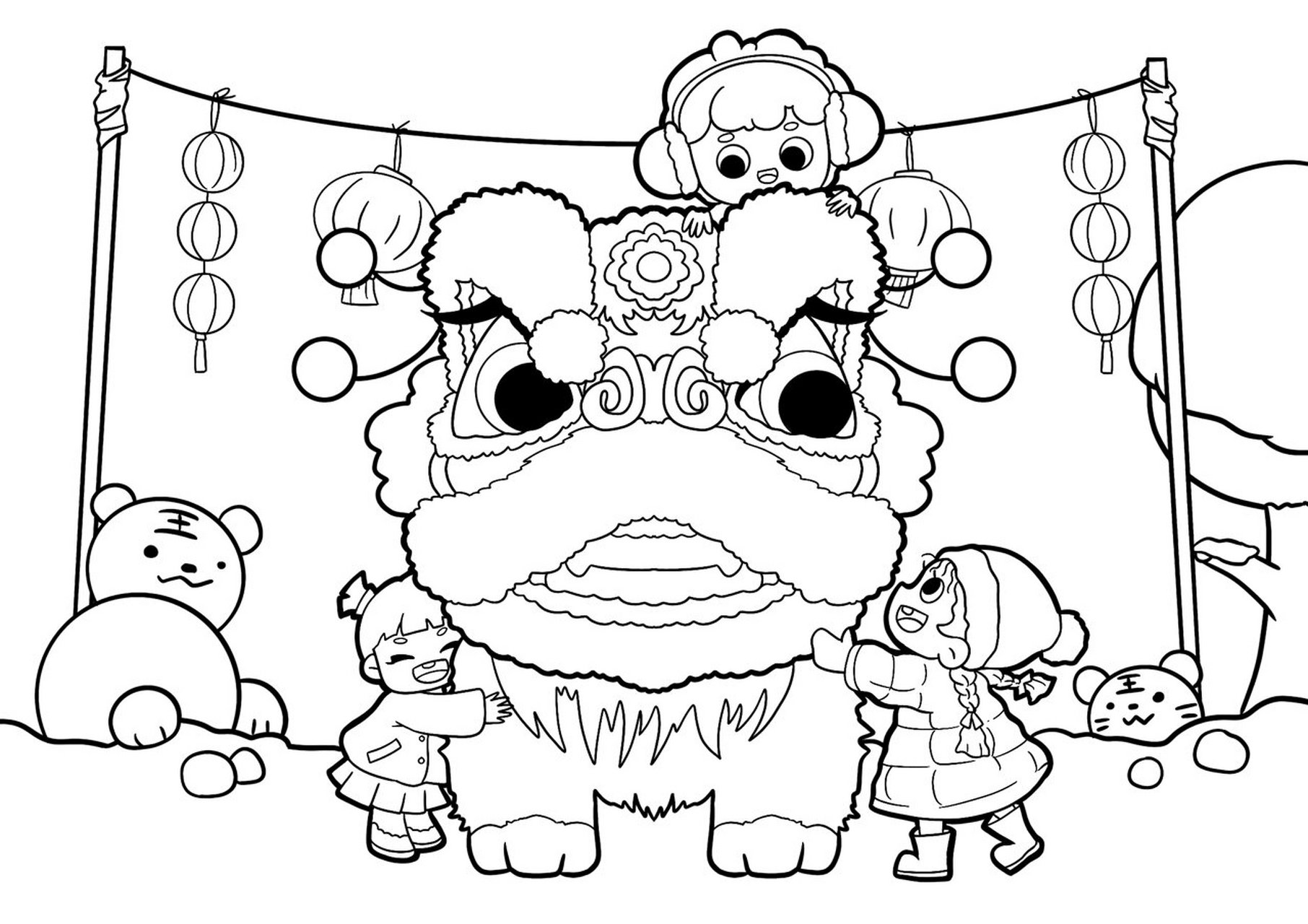 春节新年元旦过年儿童画简笔画儿创虎年手绘 原创作品,舞狮年兽儿童画