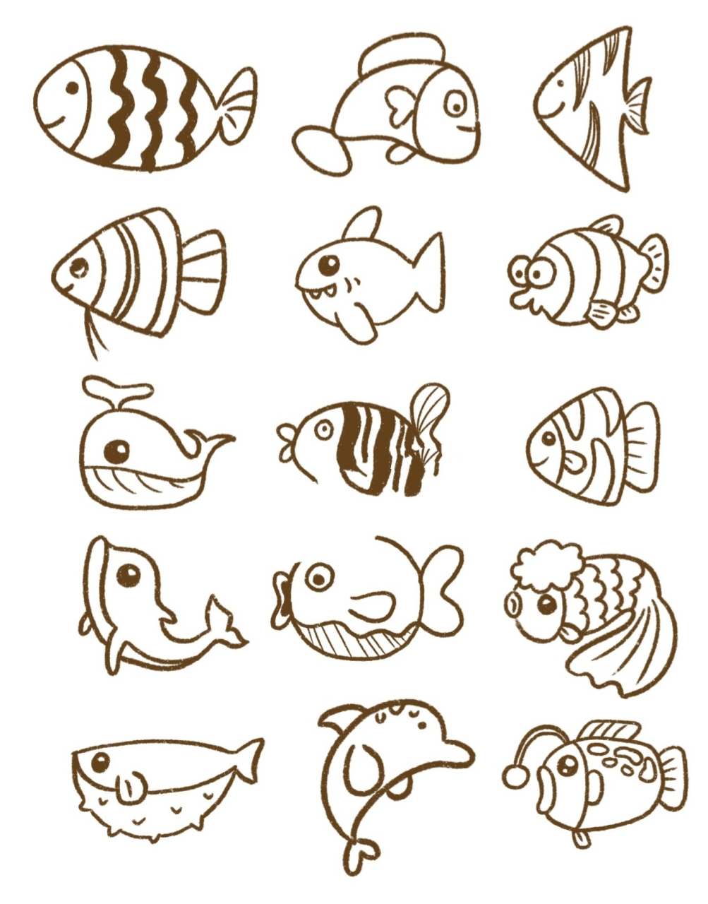 简笔画|各种鱼的画法手绘海洋生物手帐素材 零基础绘画|简笔画教程