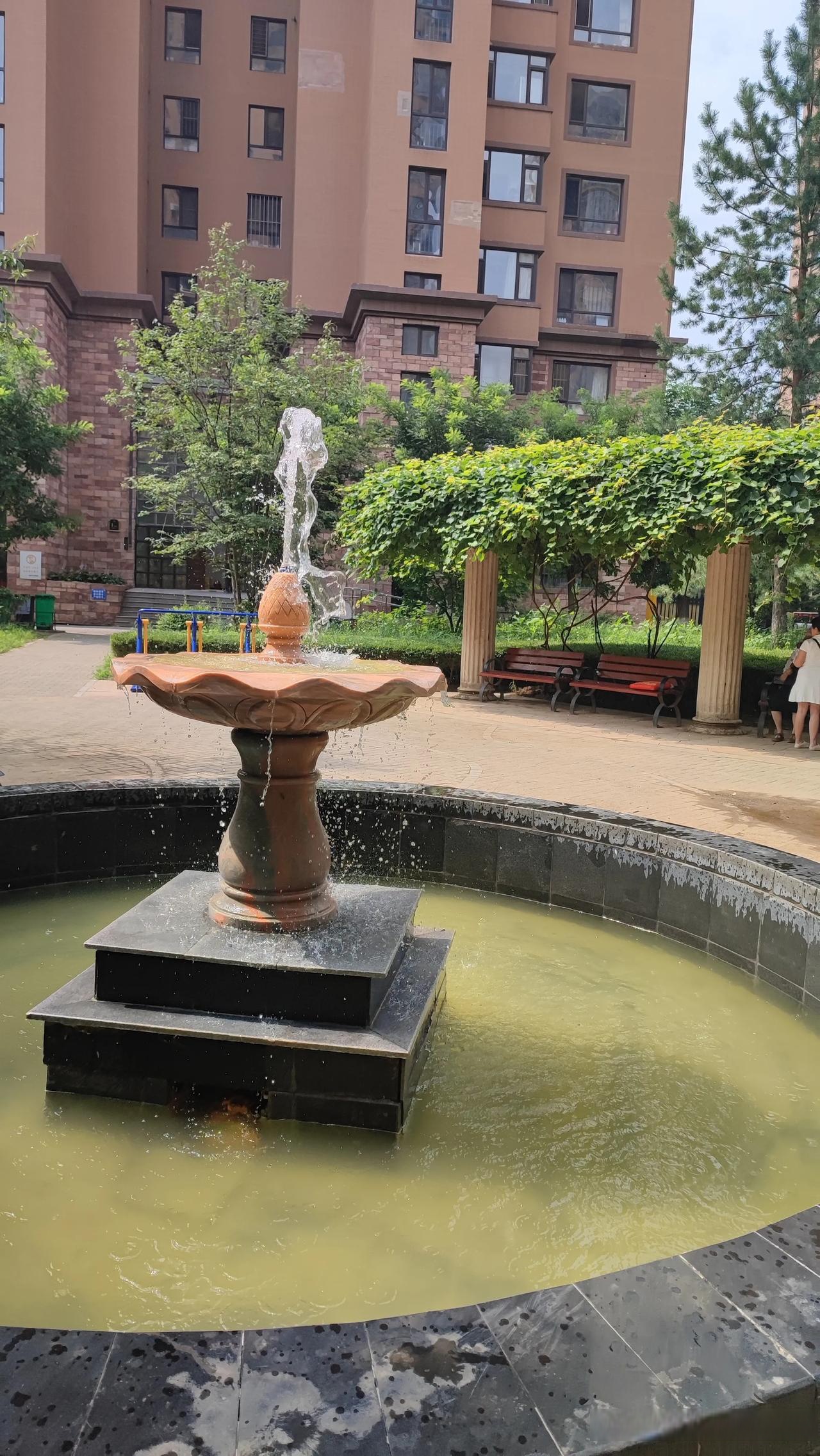 虽然天气炎热,但几个小广场的树荫,凉亭都可以遮阴,几处景观喷泉也都