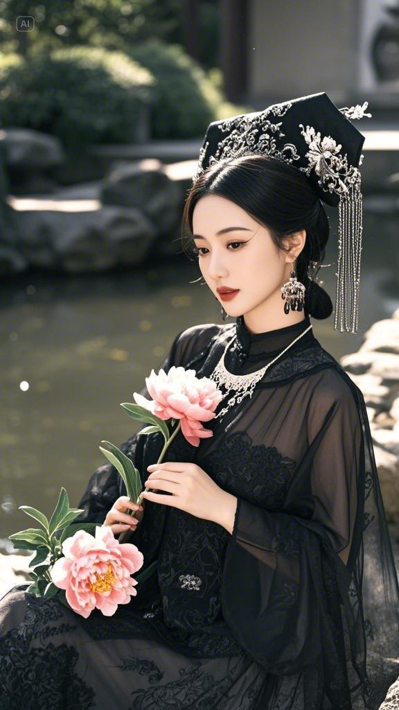 古风,绝色美女身着黑色满刺绣古装纱裙,纱质刺绣宽大,暗黑色华丽繁复