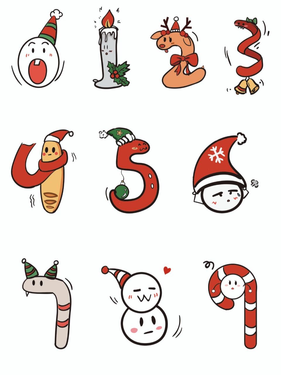 圣诞节90数字1-9~字体设计 忽然想起两年前画的圣诞数字1-9, 拿出来