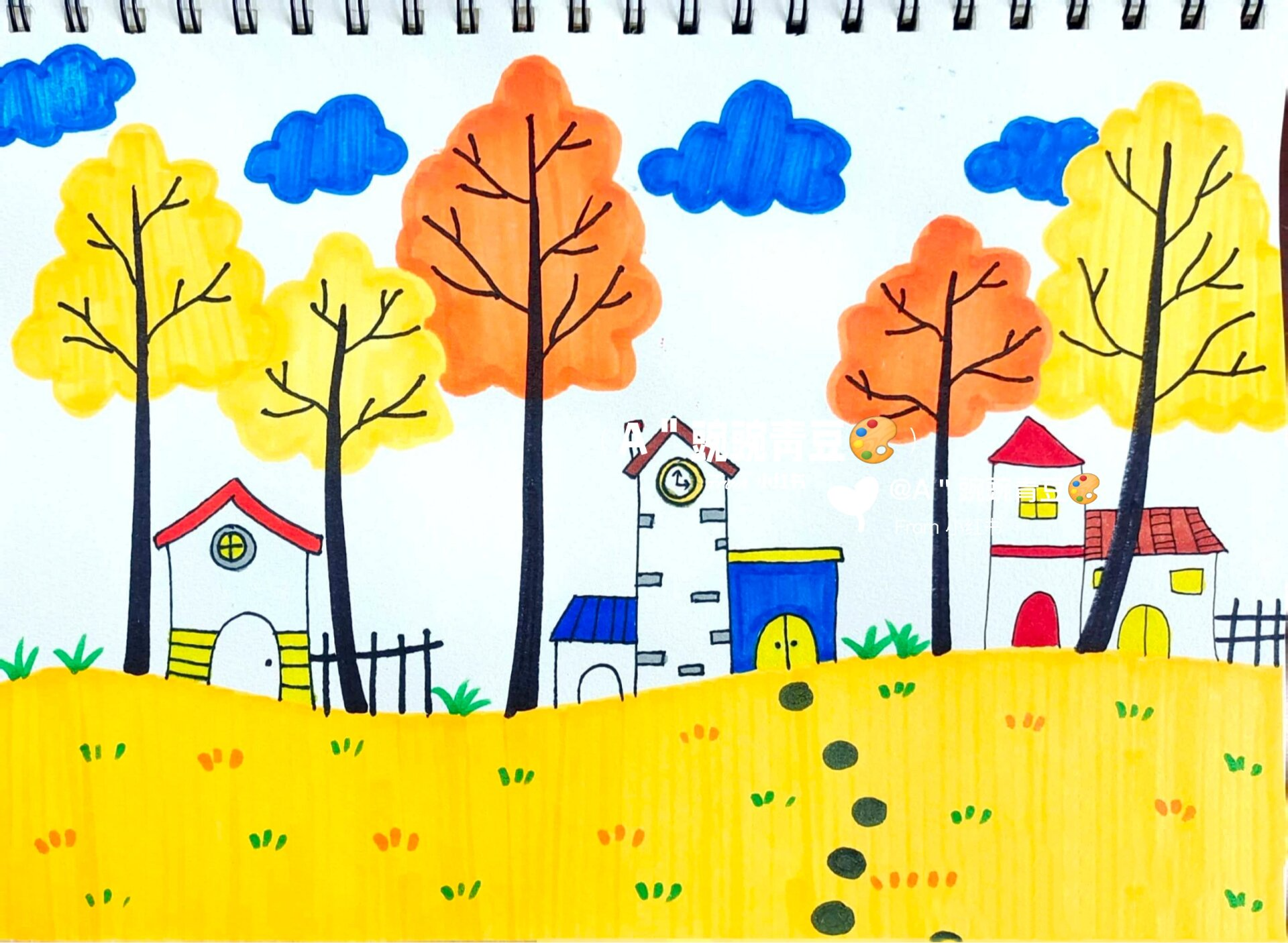 《秋天的小树林》秋季创意美术儿童画