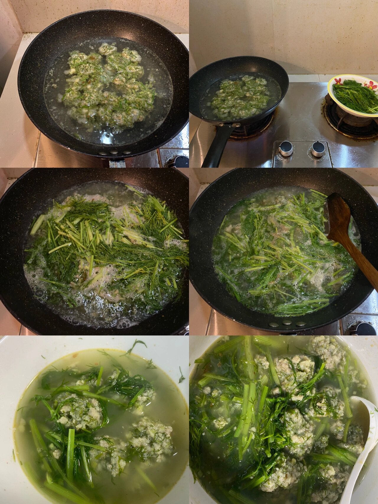 锅烧水,水烧开后一边把搅碎的茴香肉馅揉成圆球放到开水里面煮.