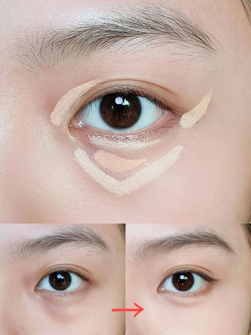 1 浅肤色在泪沟的位置上画一个"v",余粉在卧蚕画一横 2 三文鱼色在