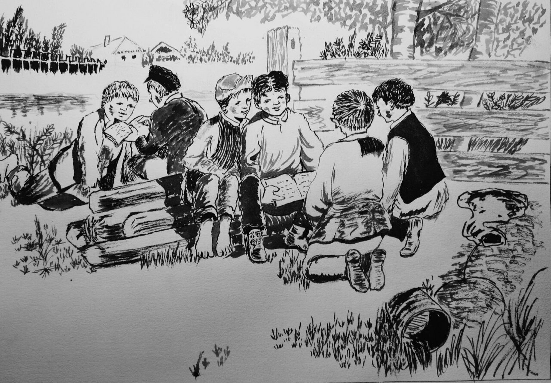 高尔基的《童年》小人书插画 88 流浪儿中只有高尔基和楚尔卡两个人
