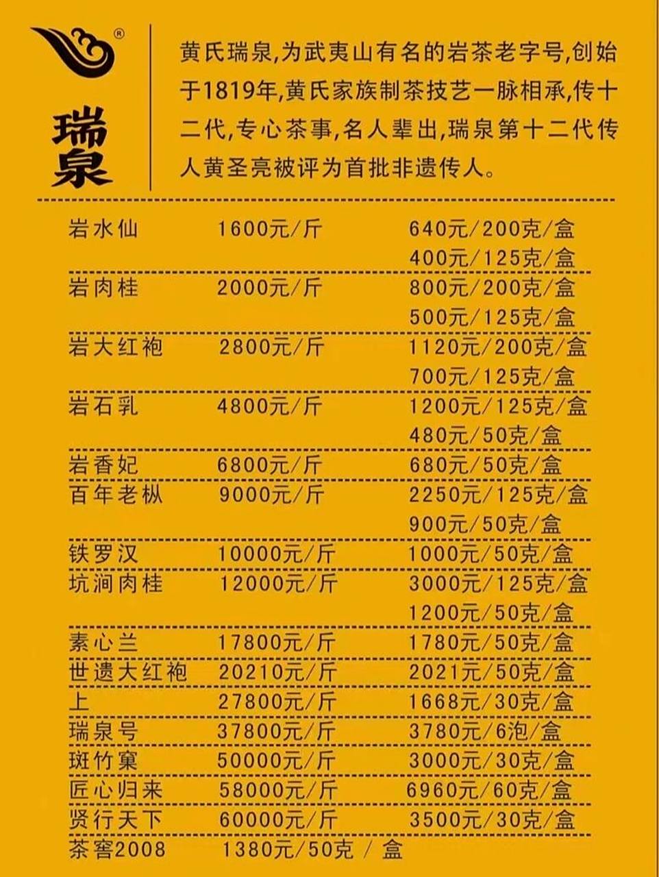 瑞泉茶叶价格系列! 岩茶世家·黄氏瑞泉96 瑞泉创始于1819年.