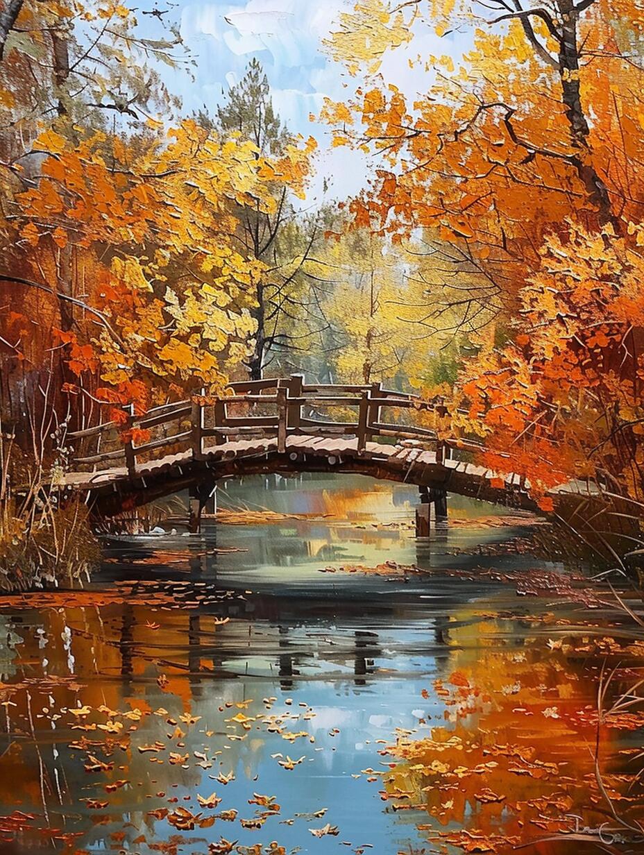 ai 油画|金秋桥影