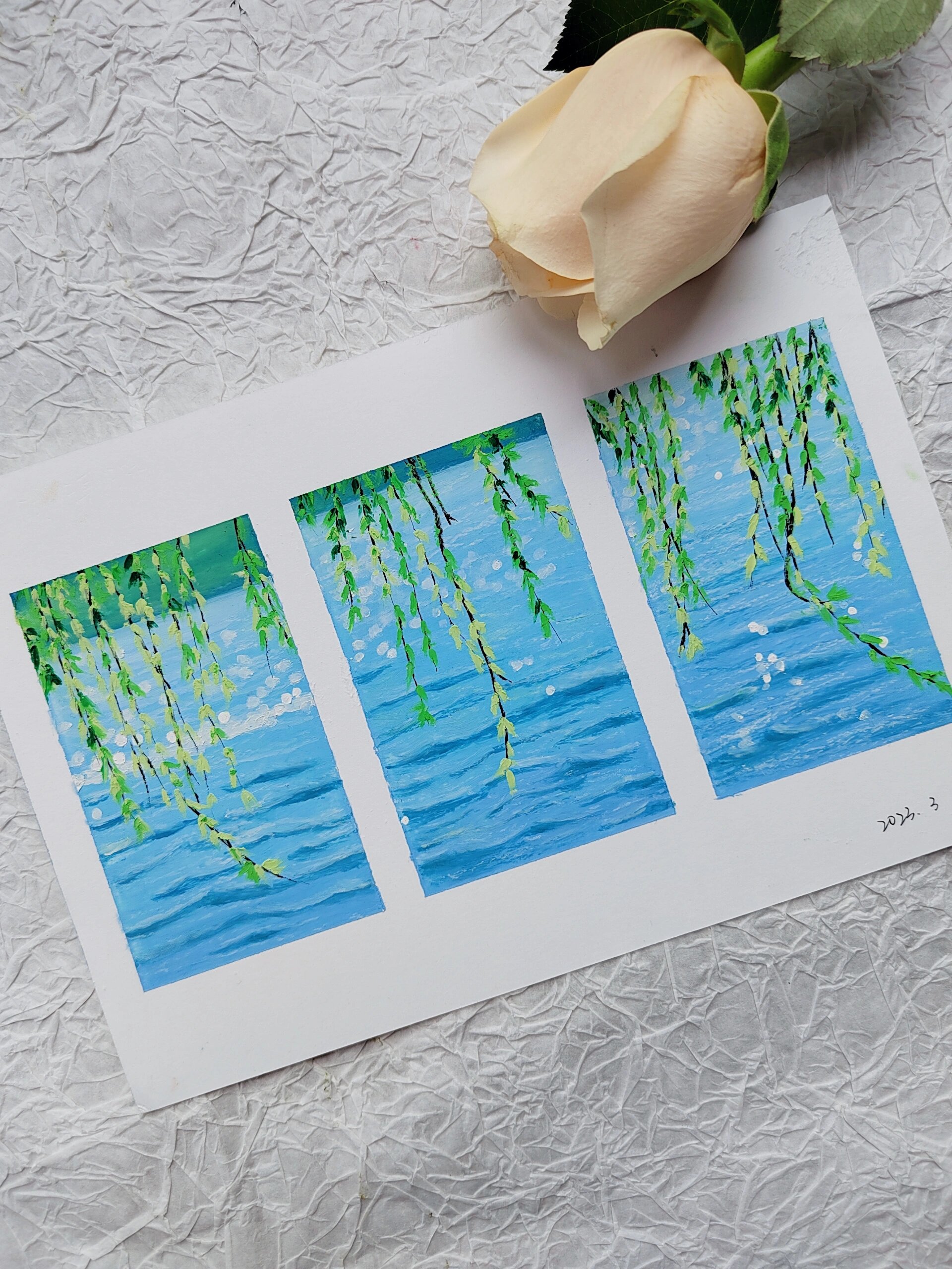 油画棒|春日柳条(附过程及颜色) 柳条百尺拂银塘, 且莫深青只浅黄.