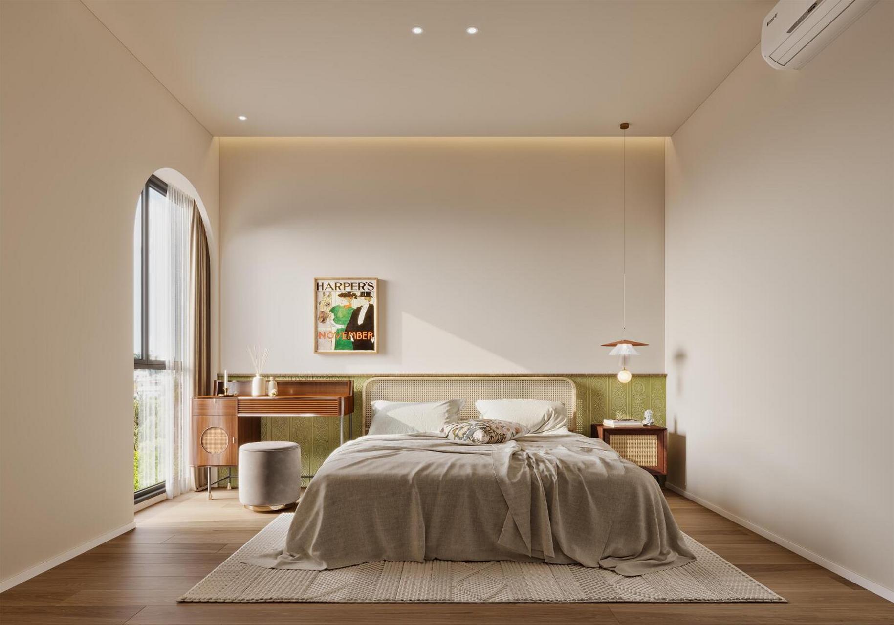 [大笑]原木奶油风的卧室床头背景是半墙木饰面,是卧室的设计亮点之一