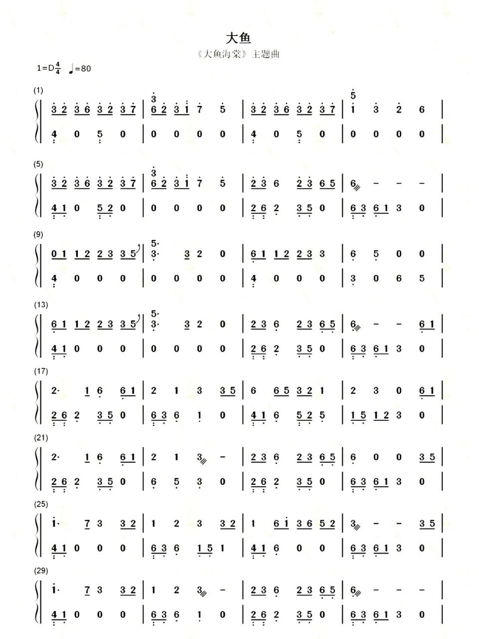 古筝曲谱《大鱼》大鱼海棠主题曲  #大鱼海棠 定弦 把3调成4