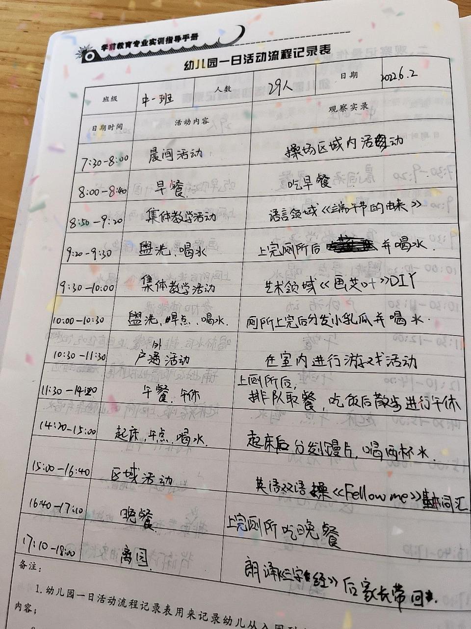 幼儿园一日活动流程记录表2    幼儿园一日活动流程记录表2