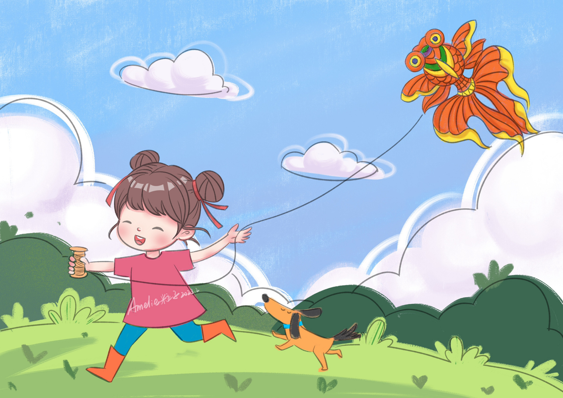 春天小孩放风筝的图画图片