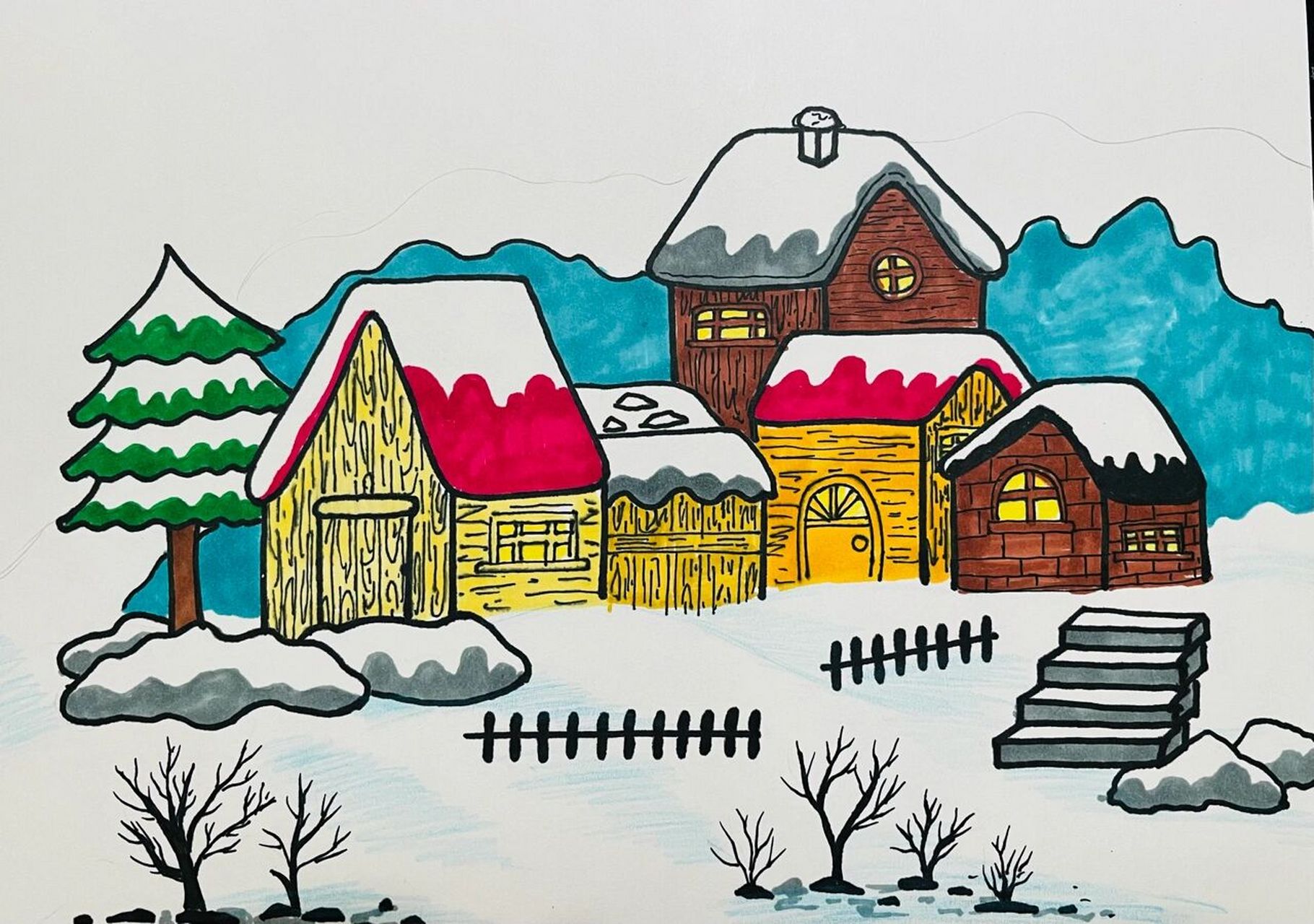 下雪了幼儿绘画作品图片