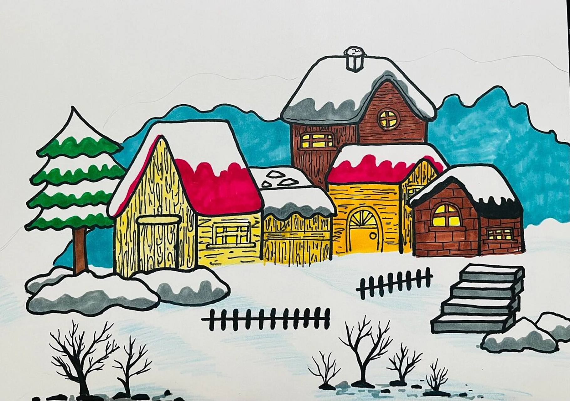 《冬雪》6-8岁儿童画作品  下雪啦!下雪啦!快来欣赏美丽的雪景