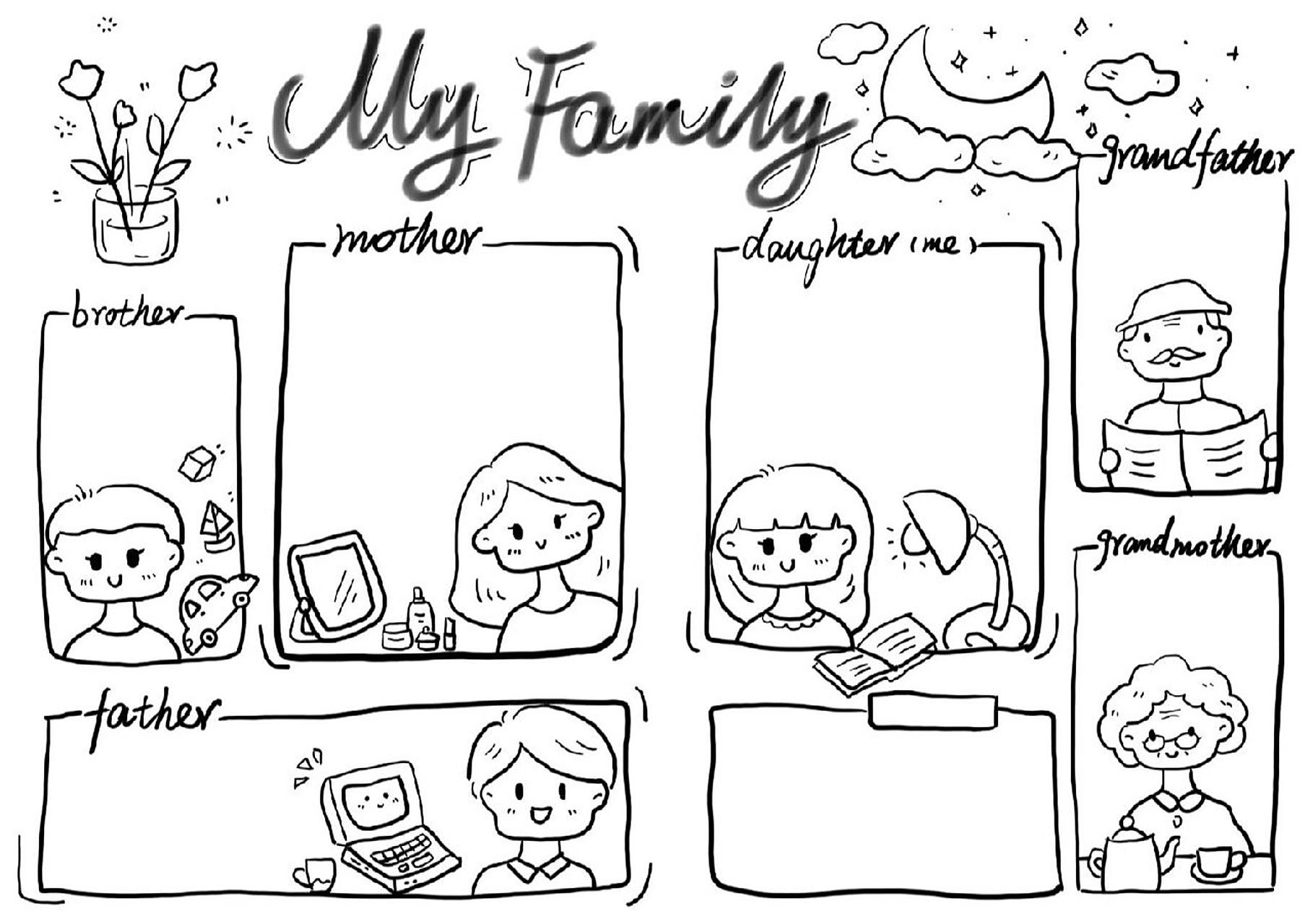 my family家庭成员英语小报(有线稿) 这张挺多私信求上色稿的,补了个