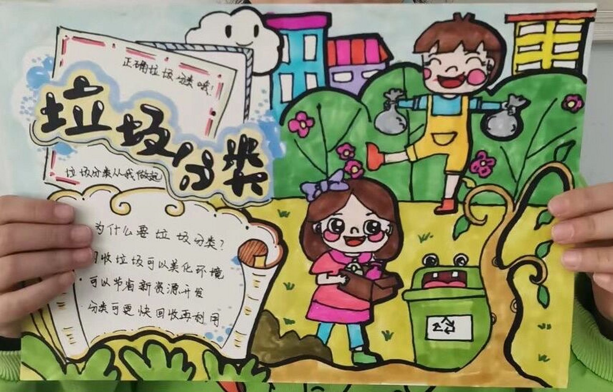 92手抄报绘画分享《垃圾分类》 分享两张学生作品吧～ 主题《垃圾