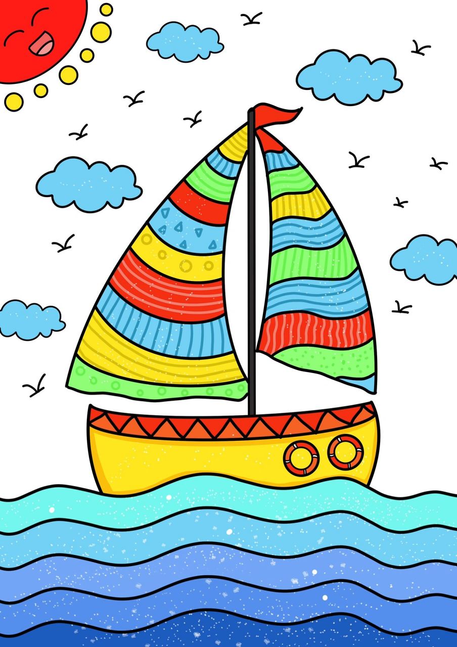 帆船简笔画彩色彩图图片