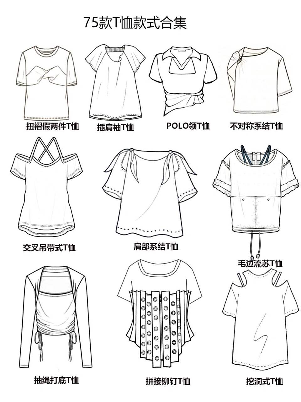 服装设计素材|手绘t恤款式合集基础必备 服装款式图合集 75种t恤款式