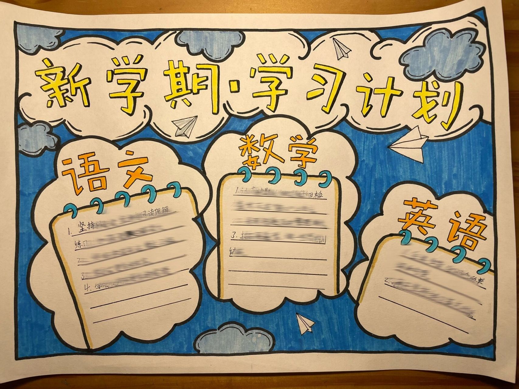 手绘小报 新学期学习计划 有借鉴其他小伙伴的图,分成语文,数学,英语