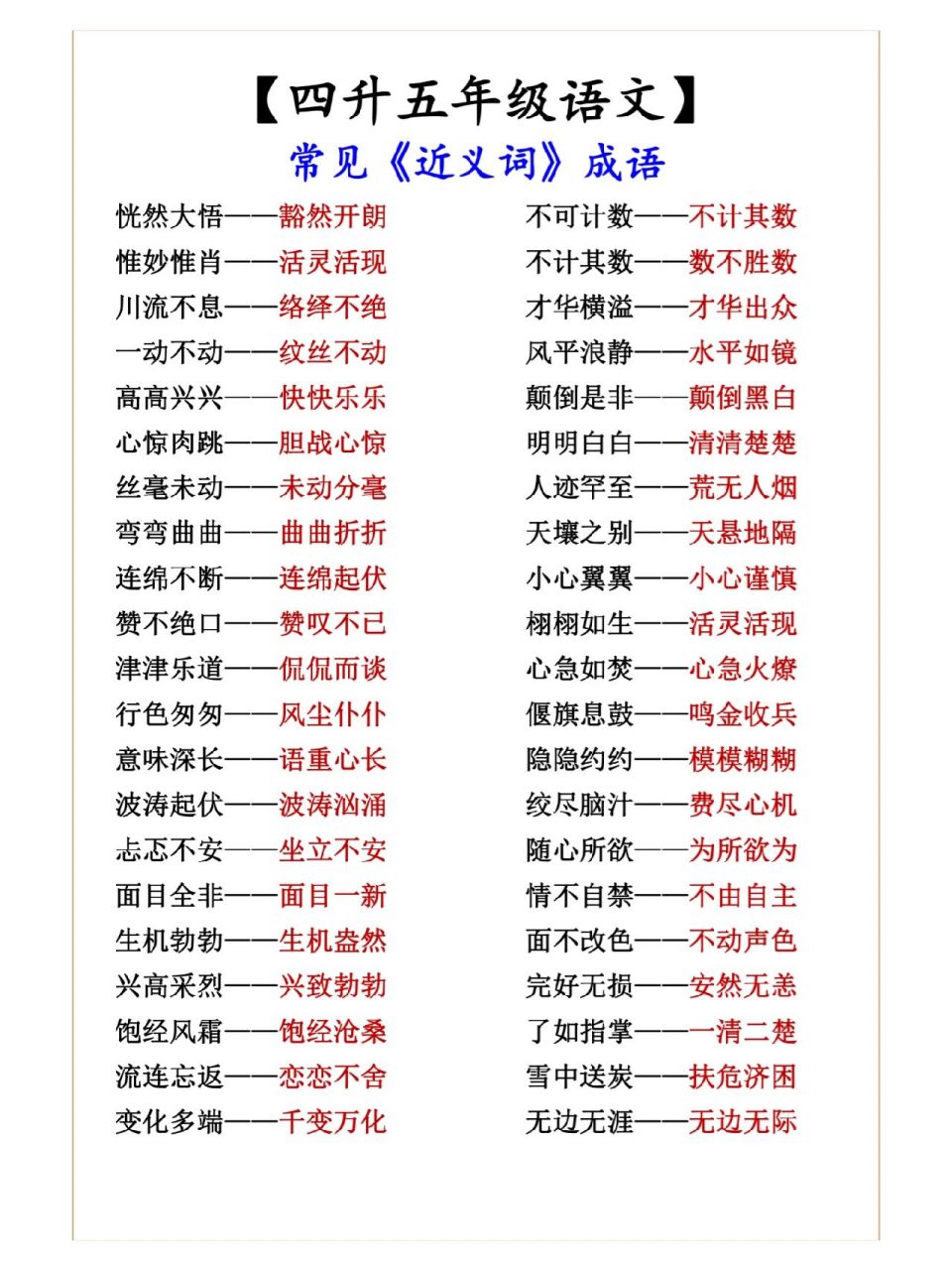 四升五年级语文,近义词成语汇总