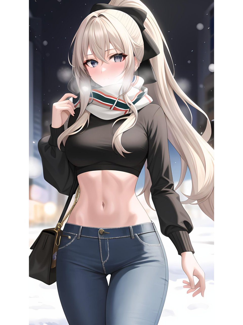 冬季大雪下的牛仔长裤女孩,动漫二次元绘画