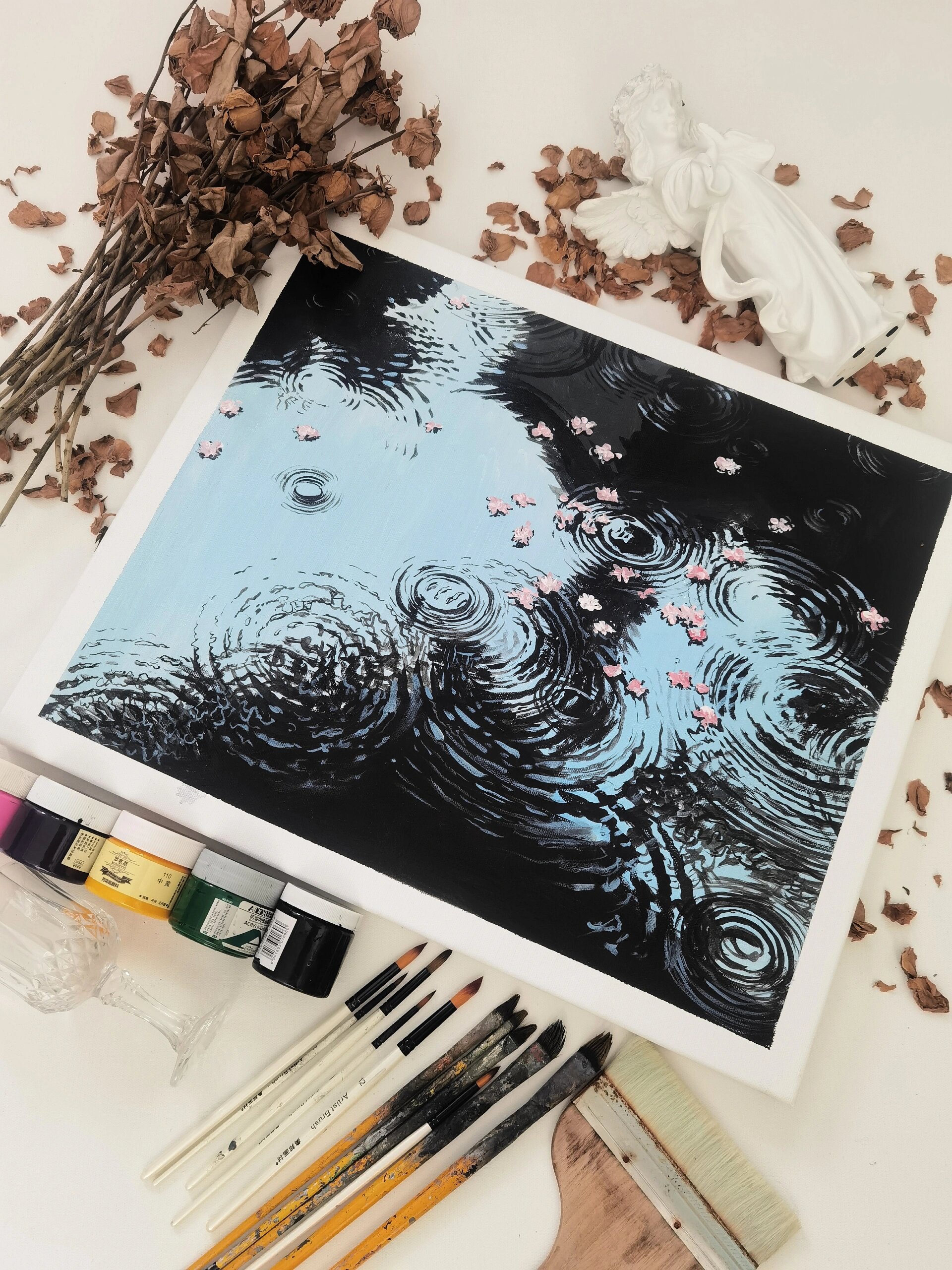 丙烯画雨天倒影