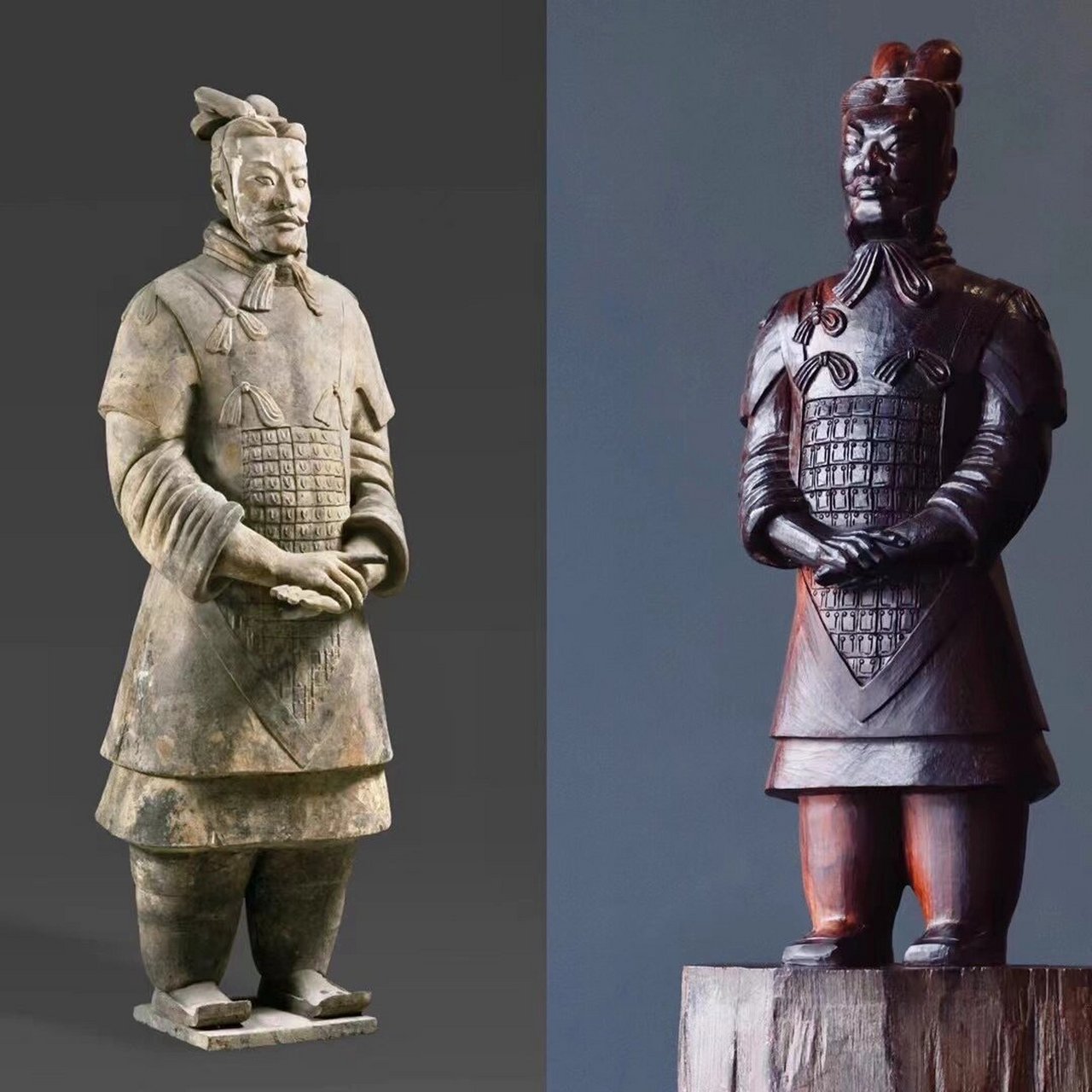 案摆|兵马俑 将军俑头戴像两个犄角一样的冠帽,前额刻有缕缕抬头纹