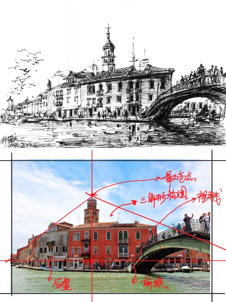 一组欧洲威尼斯建筑钢笔速写, 速写关键在于抓住大关系,强调构图,也