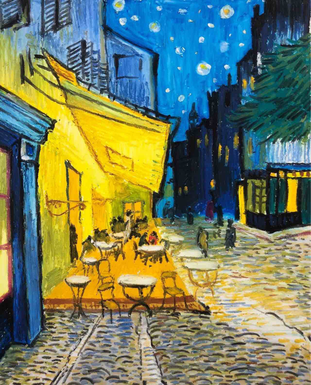 油画棒作品|临摹梵高《夜间的露天咖啡馆》 路正先老师临摹作品 详细