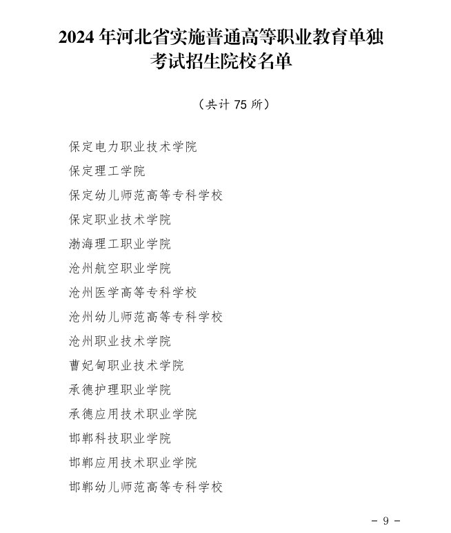 2024年河北省实施普通高等职业教育单独考试招生院校名单(共计75所)