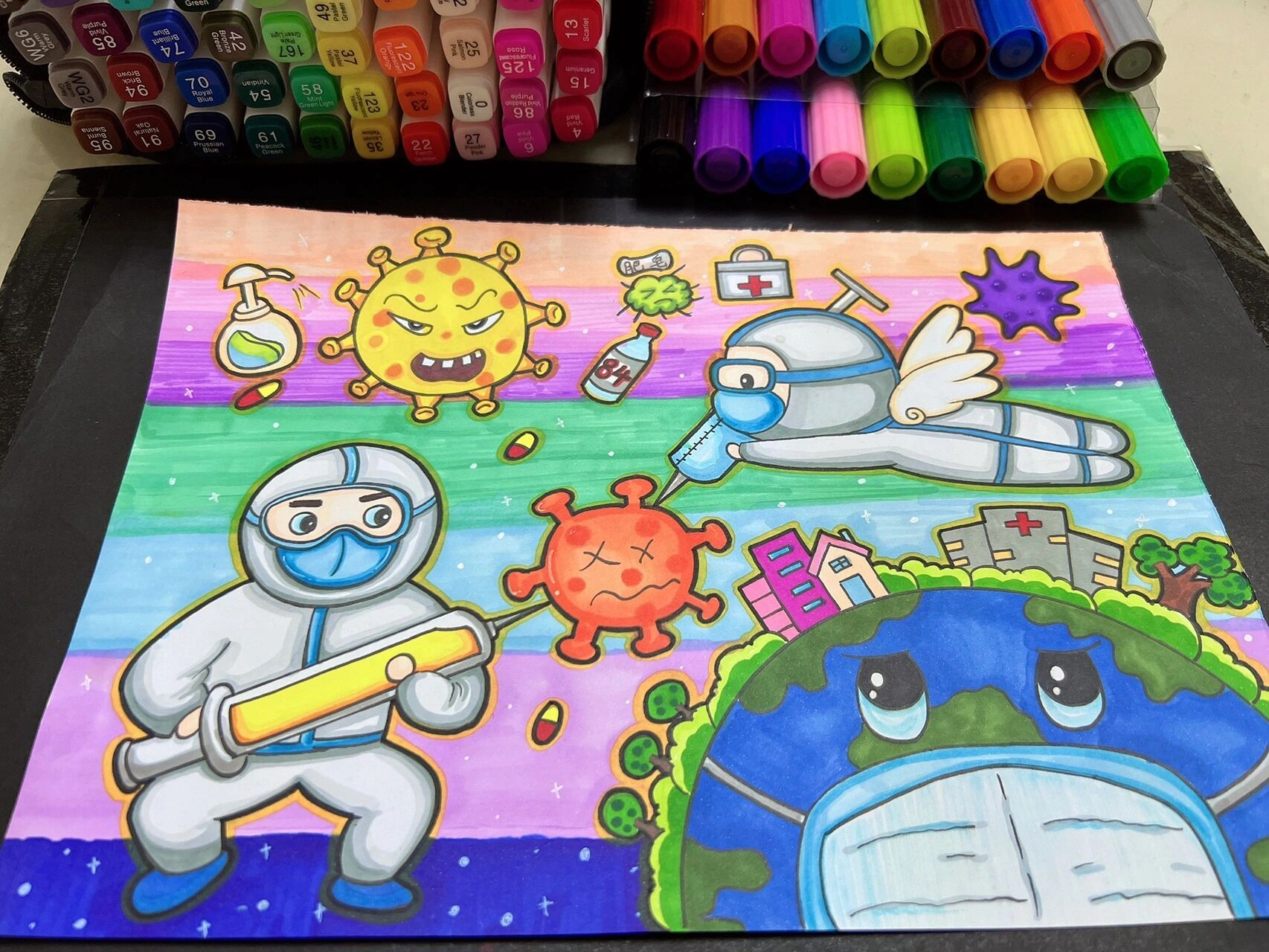 抗疫主题画来了 和大白一起保护地球,一起消灭病毒🦠,战胜新冠😷.