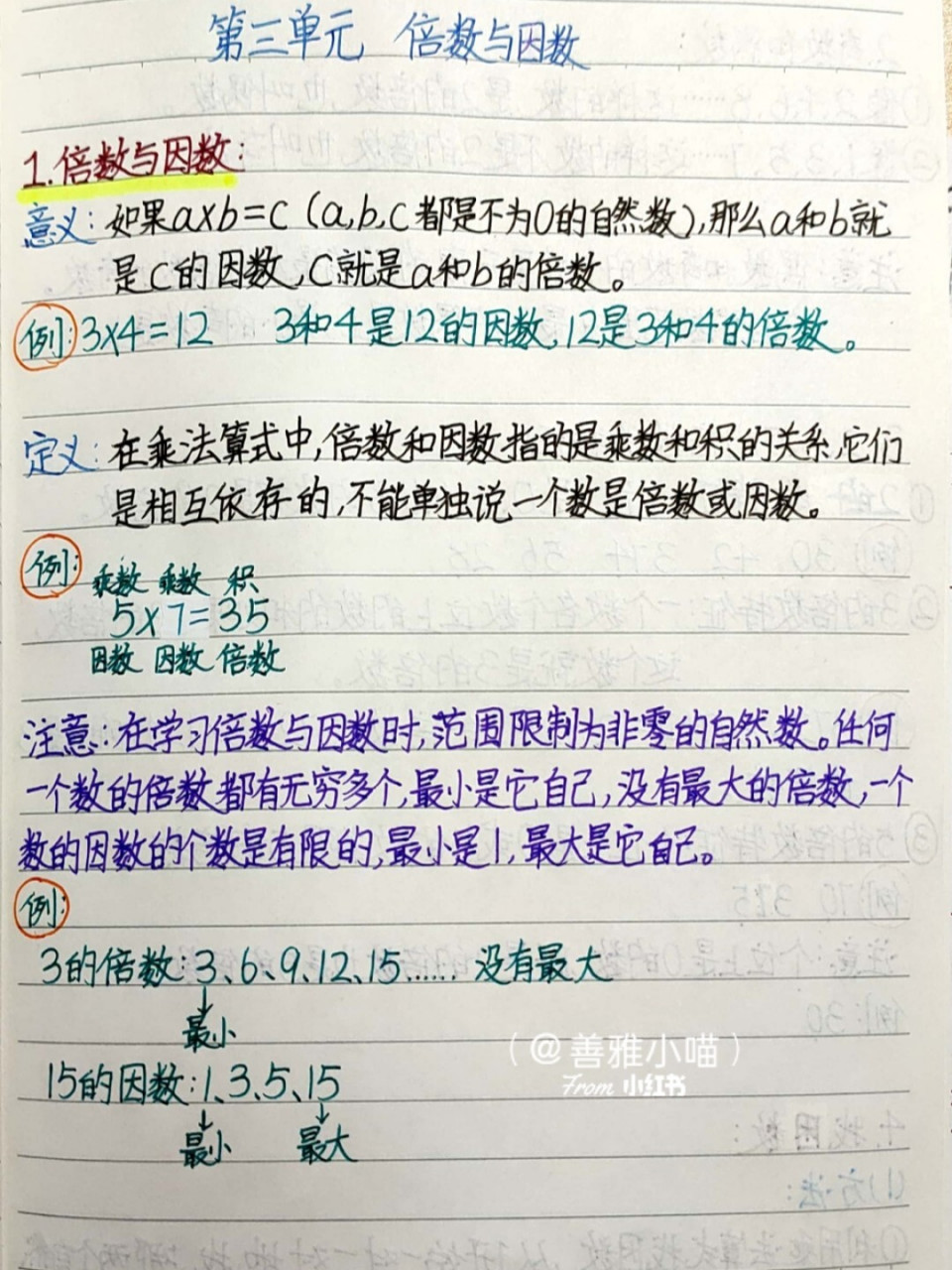五上数学第三单元《因数和倍数》前置预习笔记. #小学学习笔记