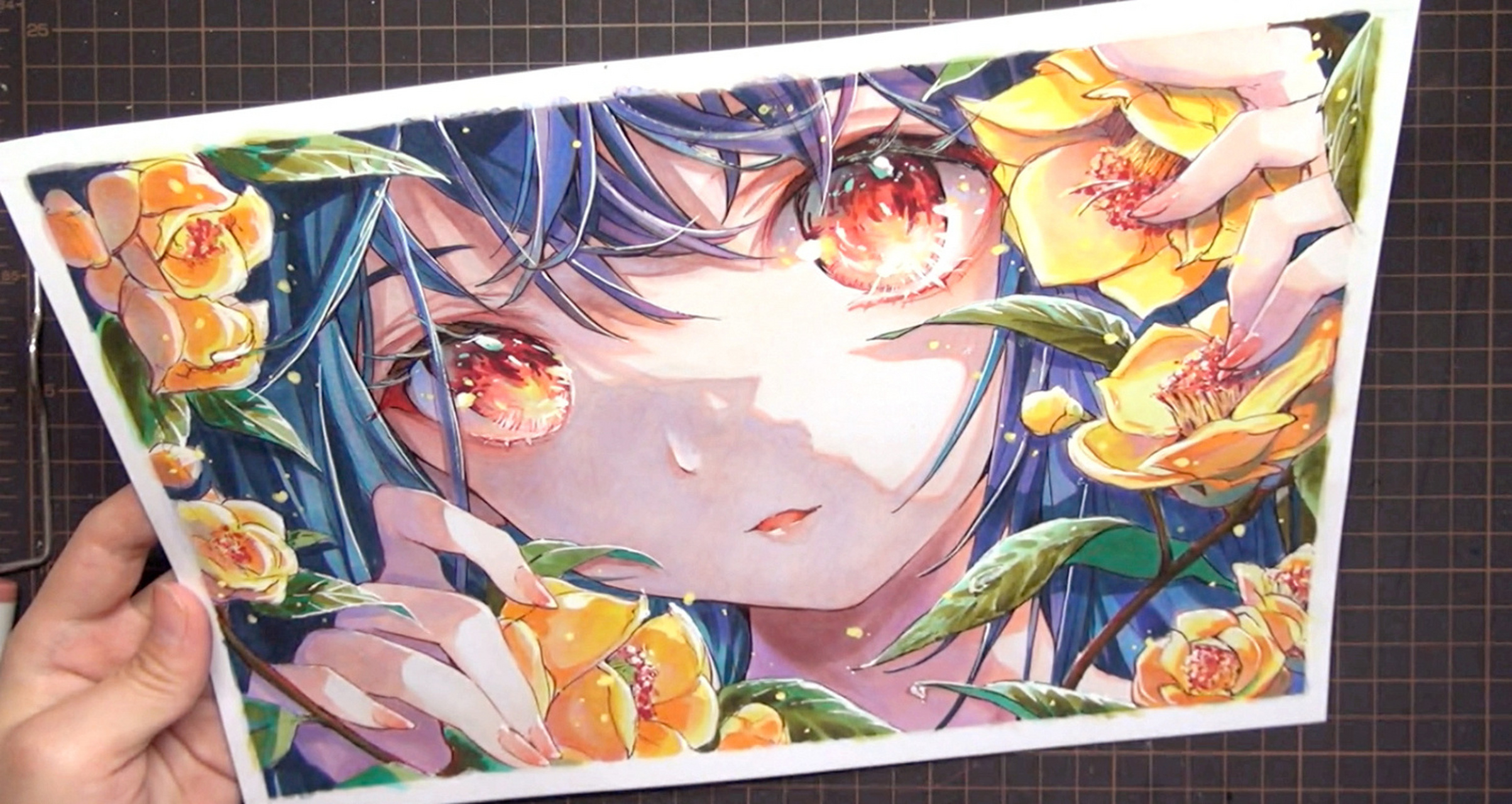 【马克笔手绘】金花茶&少女 这个系列,名叫会发光的大脸美少女 今天发