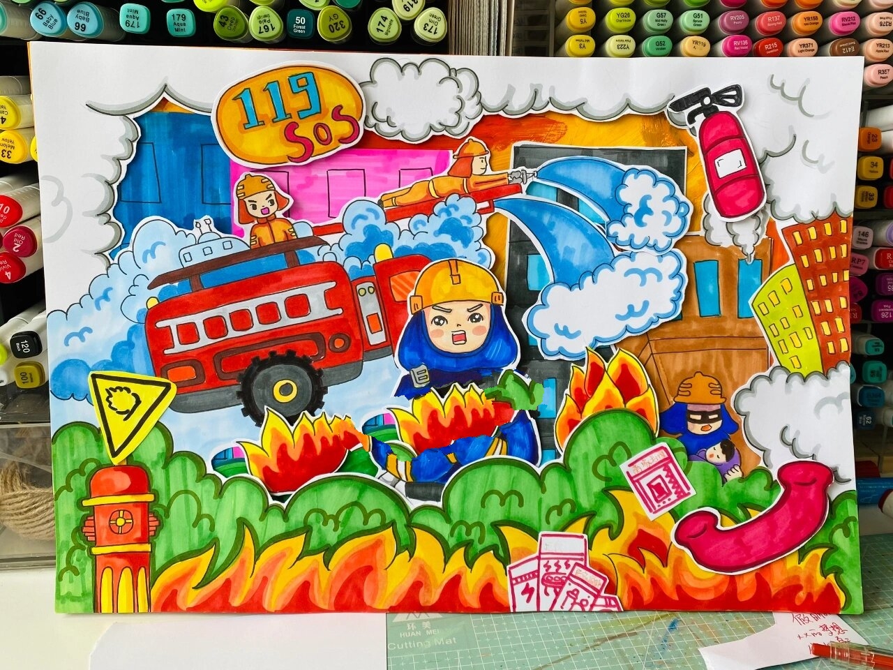 消防安全主题画 立体手工画,临摹作品,原作者我也找不到了, 尺寸8k