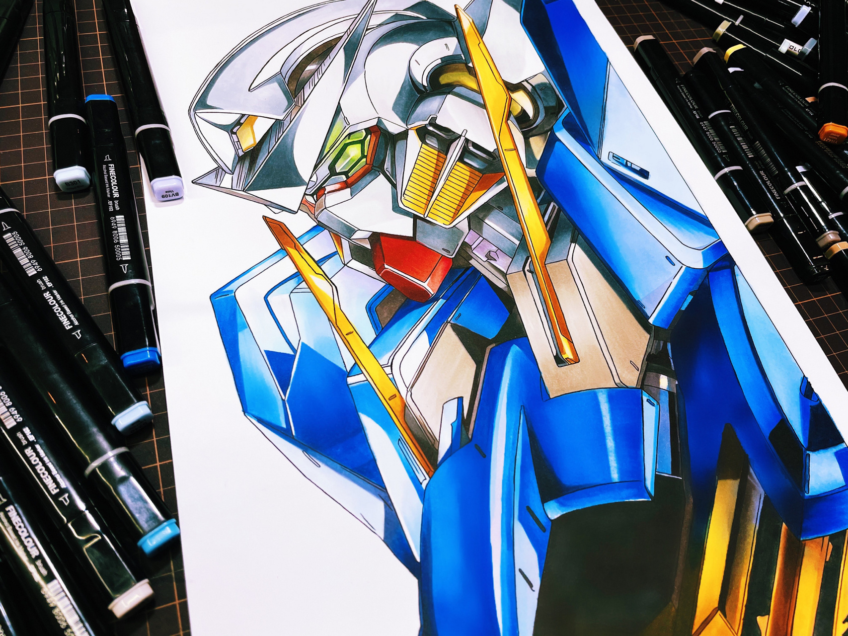 98 马克笔手绘高达00 尺寸a3 用的蘸水笔 法卡勒三代 这张画完效果