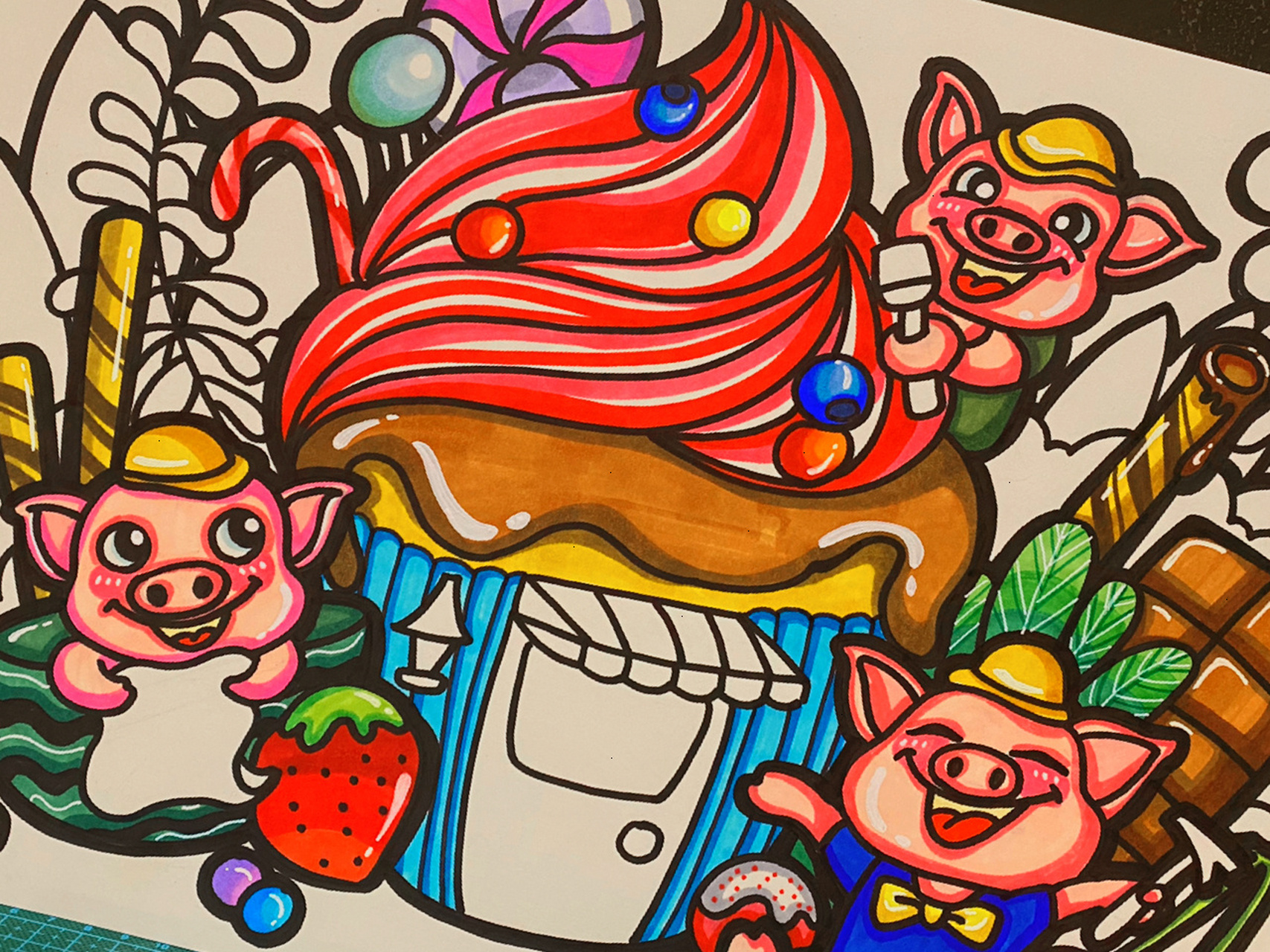 儿童画原创《三只小猪盖房子》 纸张:8开 马克笔:touch mark 三只小猪