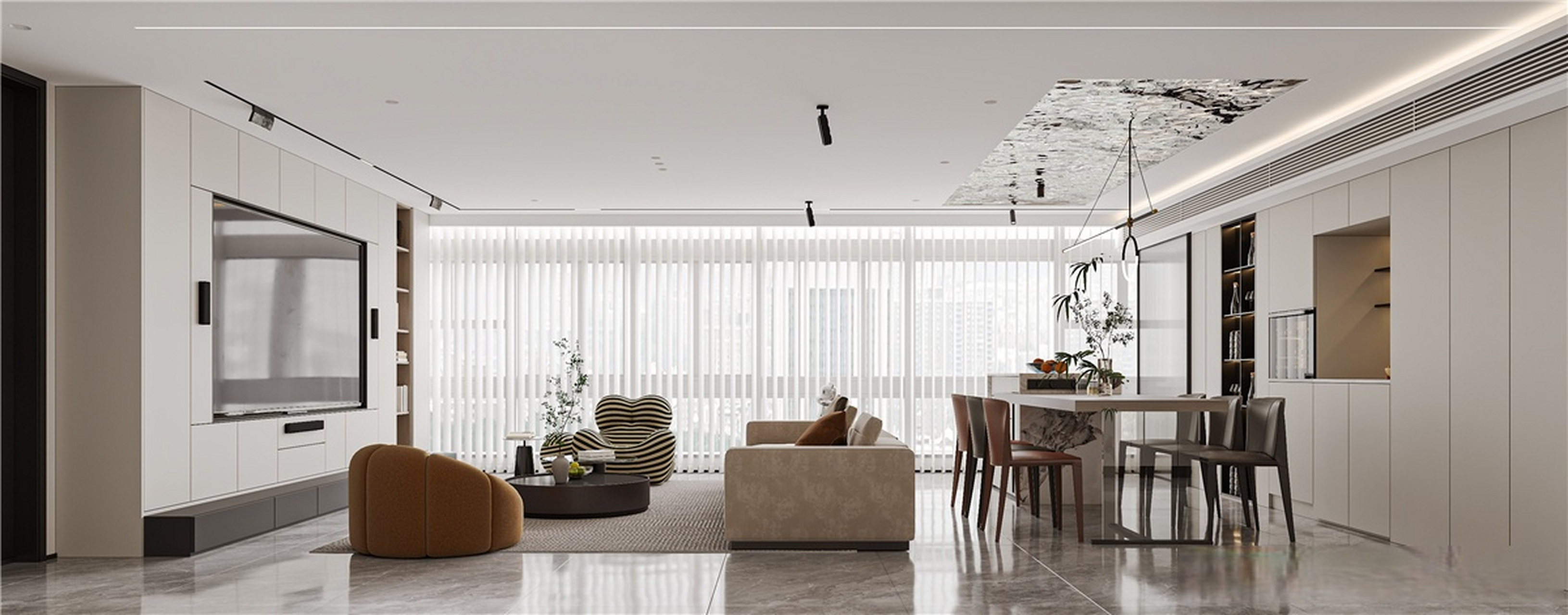 室外大的全景玻璃窗,客餐厅一体化设计,大平层的既视感  #上海装修