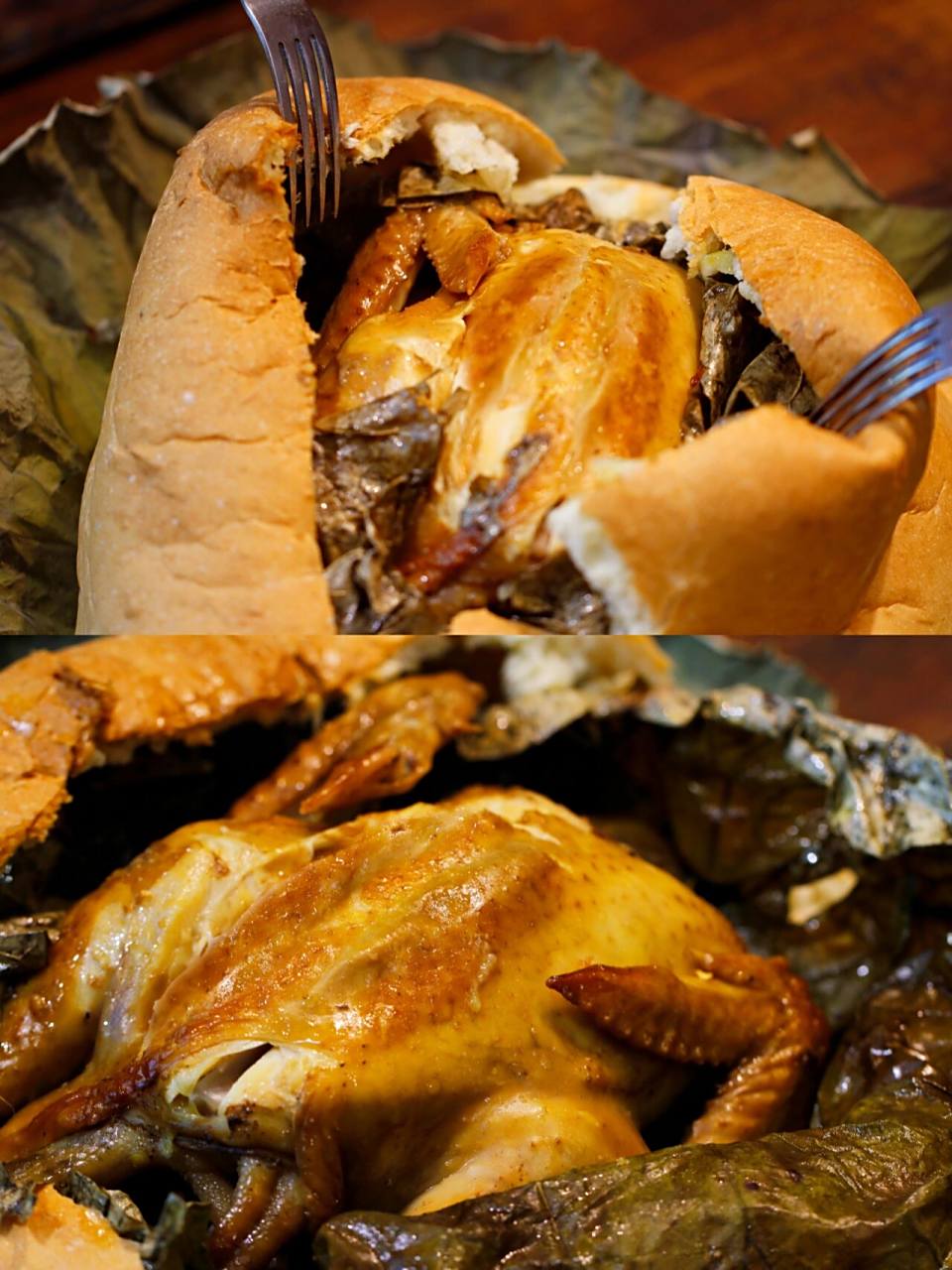 面包荷叶鸡,鲜嫩多汁的鸡肉,带着荷叶清香 金黄的面包内竟然藏着一只