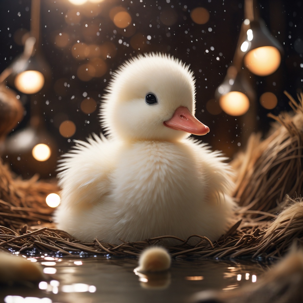 夜晚的星空下,有一只小白鸭静静地坐在干草堆上,仿佛在欣赏那漫天的