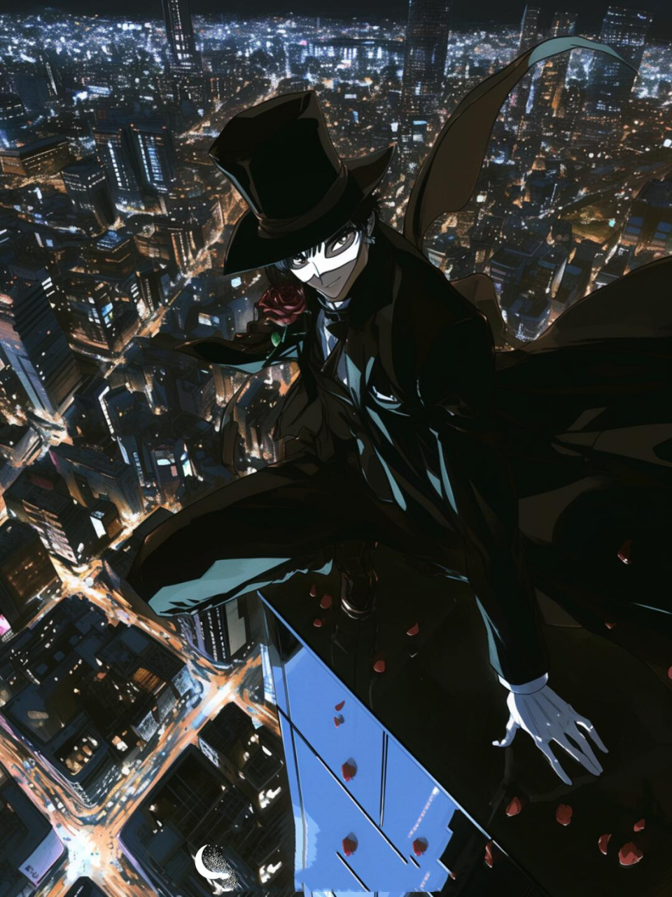 俯瞰城市夜景的夜礼服假面 midjourney对夜礼服假面的识别度还比较低