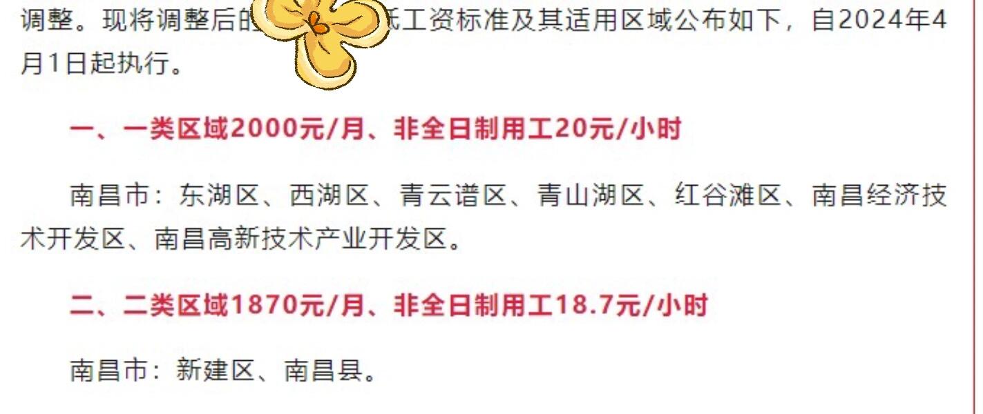 2024年南昌最低工资标准来啦,还分区域!
