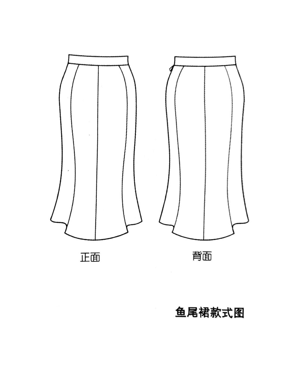 裙摆鱼尾造型的结构处理可有多种方法: ①在直身裙下摆直接加入展开