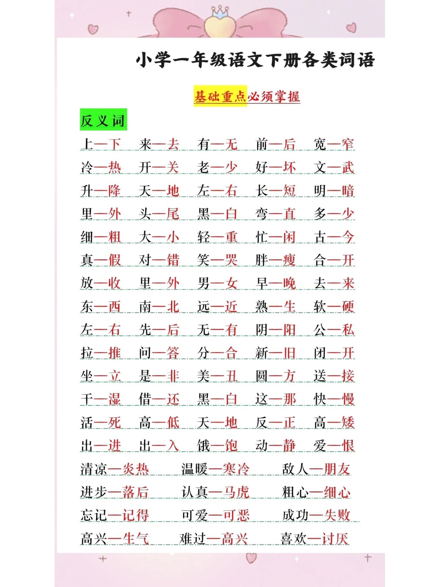 近反义词 一年级下册语文近反义词,词语搭配