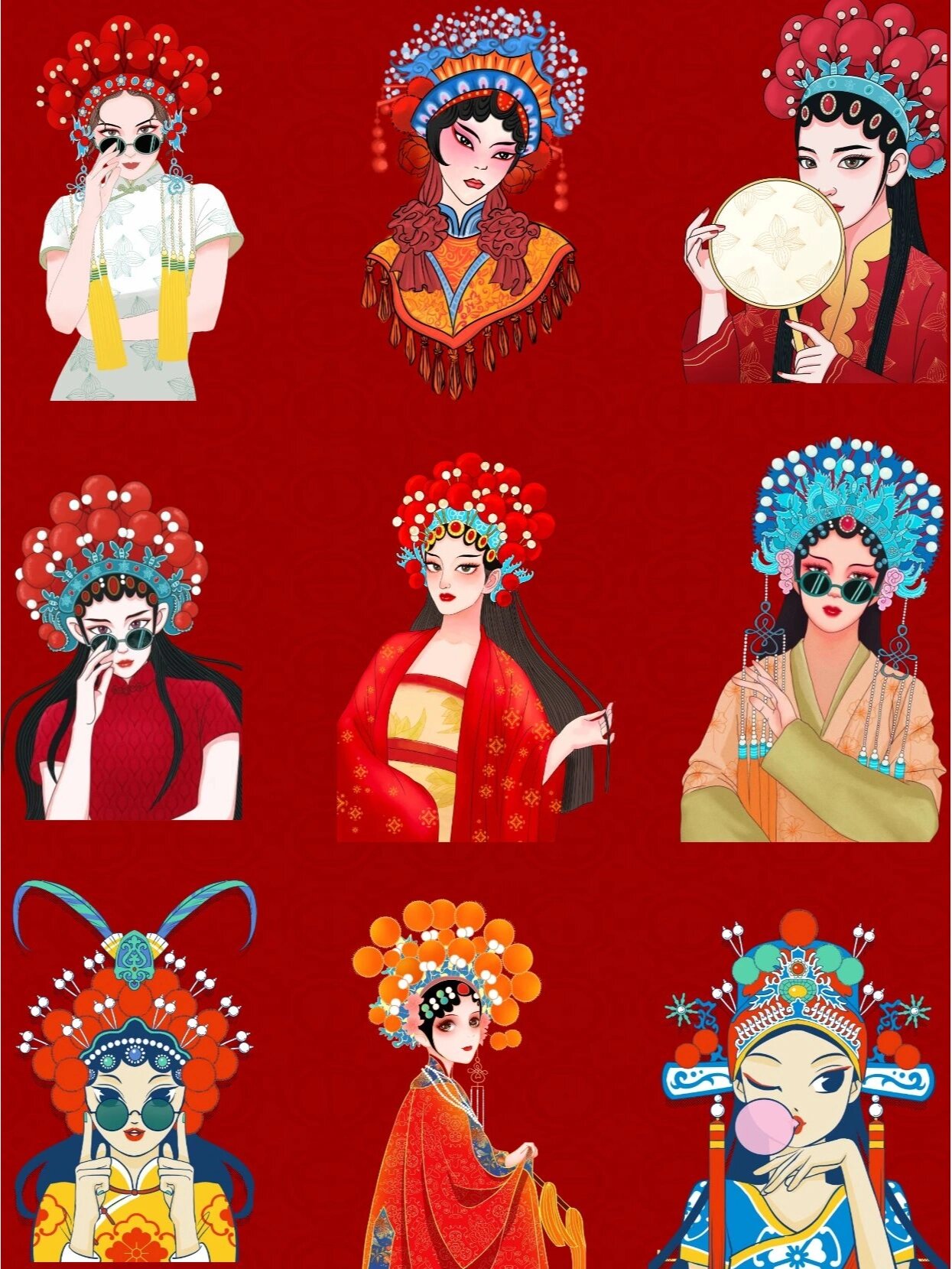 国潮京剧元素||戏曲卡通人物头像png素材